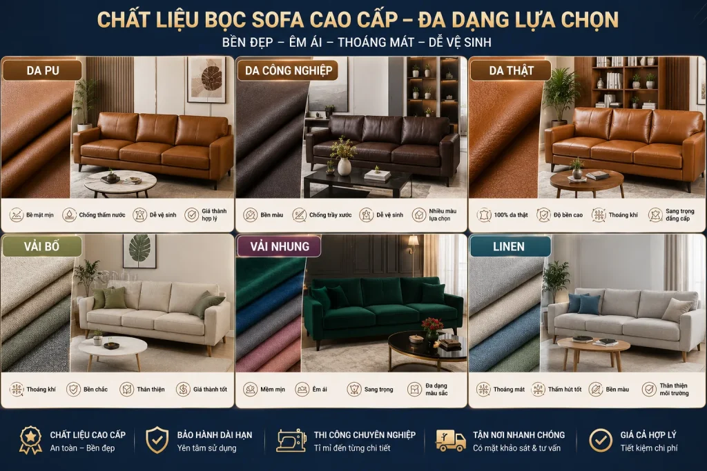 Khách hàng có thể lựa chọn hàng trăm mẫu da và vải phù hợp nhu cầu.