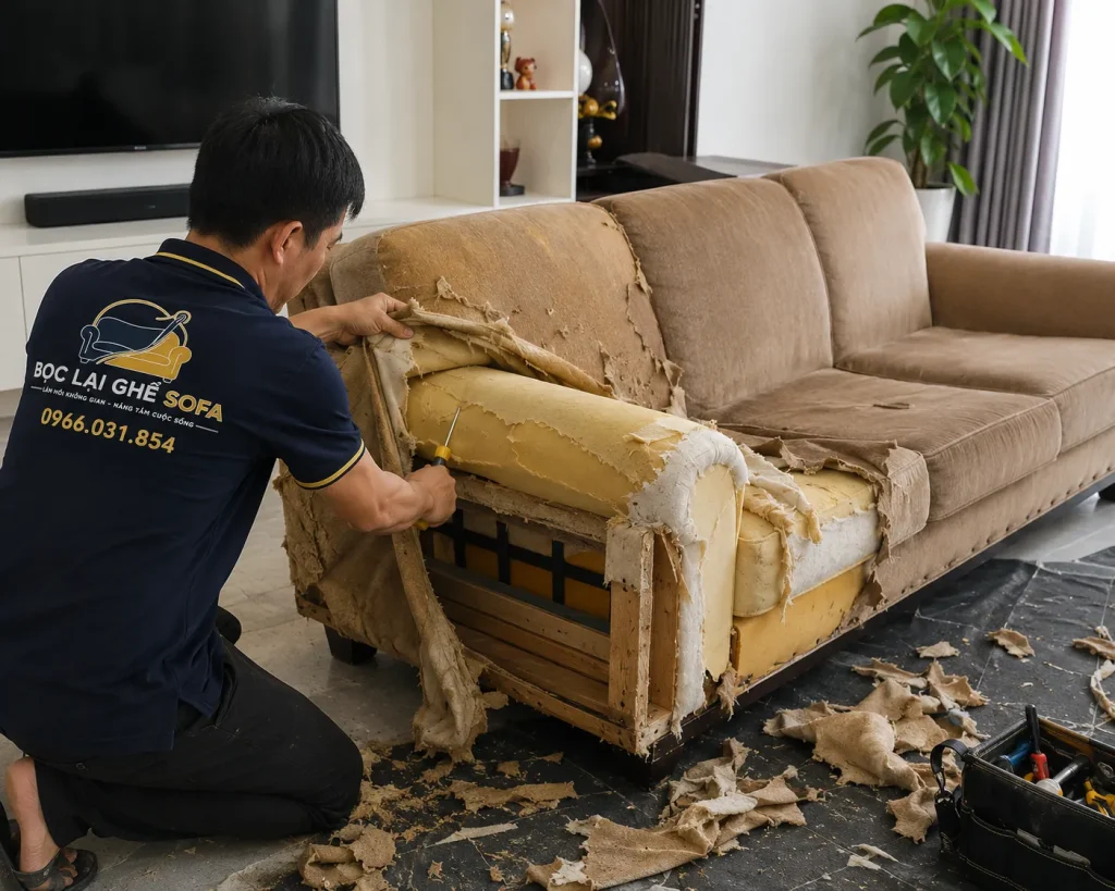 Nhiều bộ sofa có khung gỗ còn tốt nên chỉ cần thay mới lớp da bên ngoài.