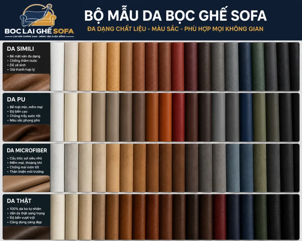 Các loại da bọc sofa phổ biến hiện nay với mức giá và độ bền khác nhau.