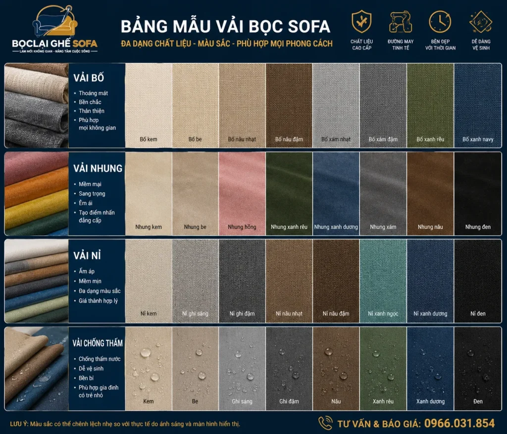 Hàng trăm mẫu vải bọc sofa với đa dạng màu sắc và chất liệu để khách hàng lựa chọn.