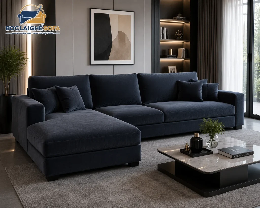 Sofa vải nhung tạo điểm nhấn sang trọng và đẳng cấp cho phòng khách.