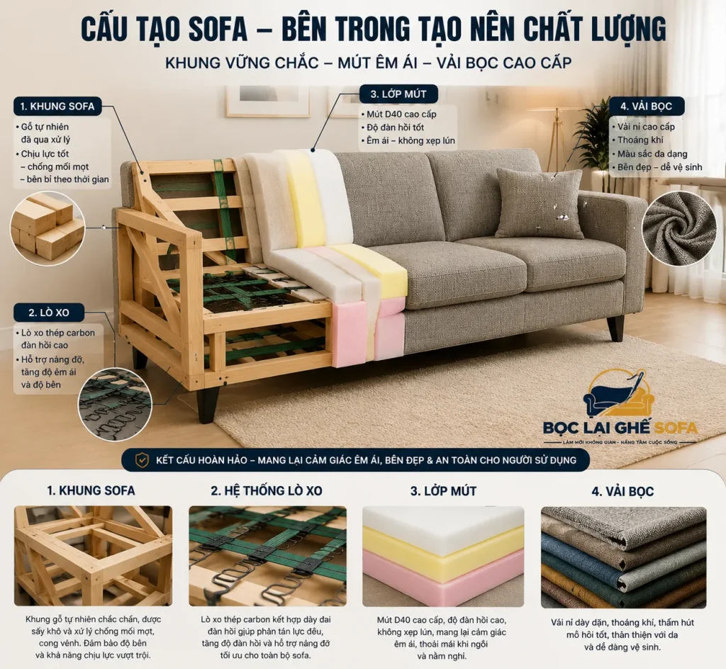 Cấu tạo ghế sofa gồm khung gỗ, lò xo, mút và lớp vỏ bọc bên ngoài