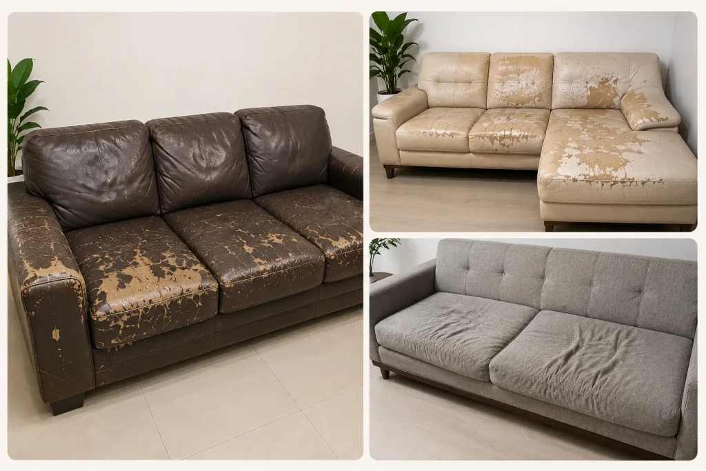 Sofa bong tróc da,vải xuống cấp là dấu hiệu nên bọc lại để tiết kiệm chi phí.