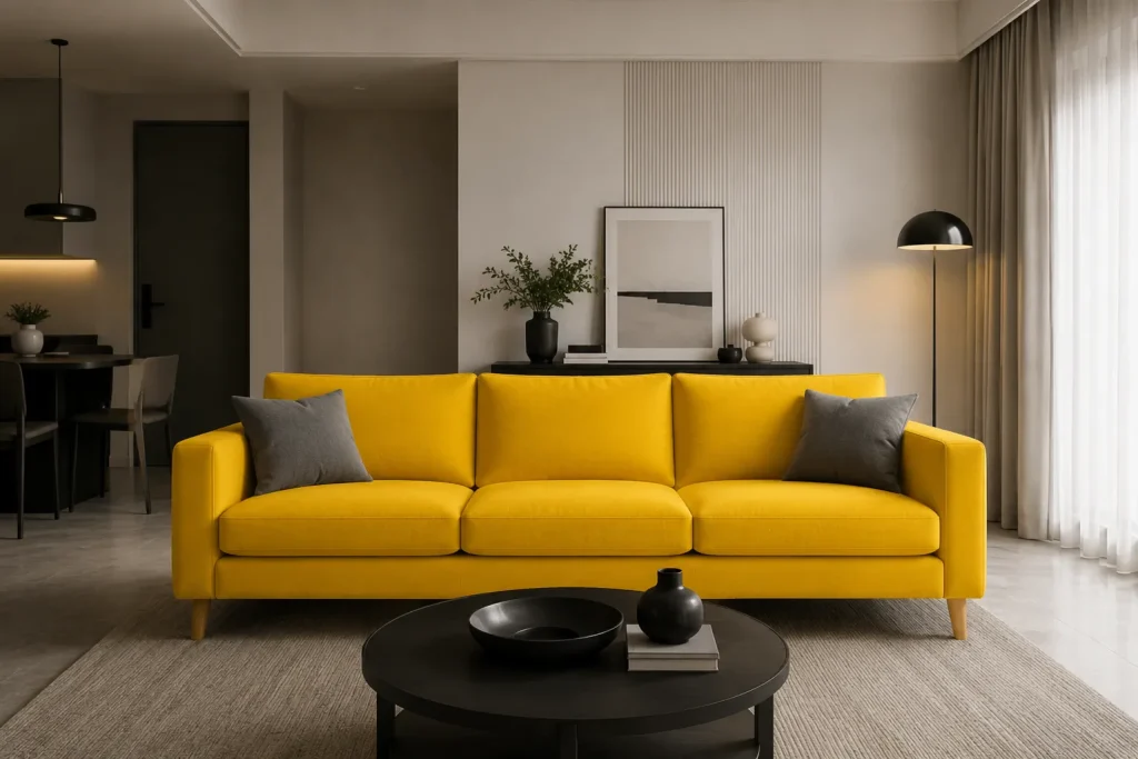 Đây là hình ảnh phòng khách với chiếc sofa màu vàng rực nổi bật, tạo cảm giác lệch tông so với không gian nội thất trung tính và thiếu sự hài hòa.