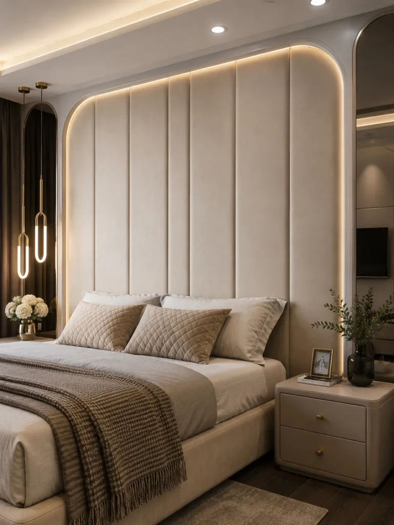 Vách đầu giường bọc nệm bo cong tạo cảm giác mềm mại và khác biệt