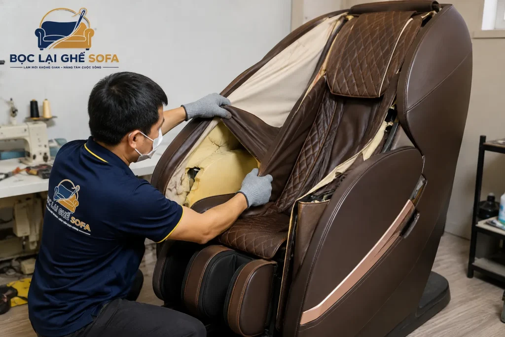 Thợ kỹ thuật kiểm tra và bọc lại sofa tại xưởng