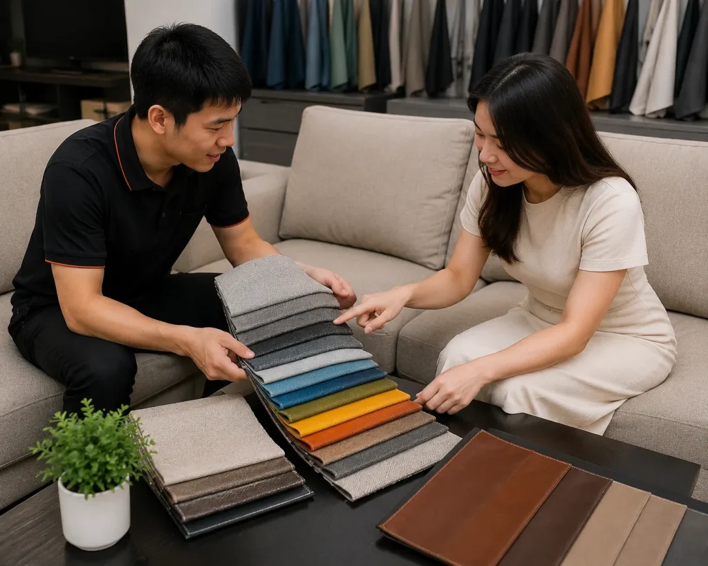Tư vấn và lựa chọn chất liệu bọc sofa trực tiếp tại nhà khách hàng
