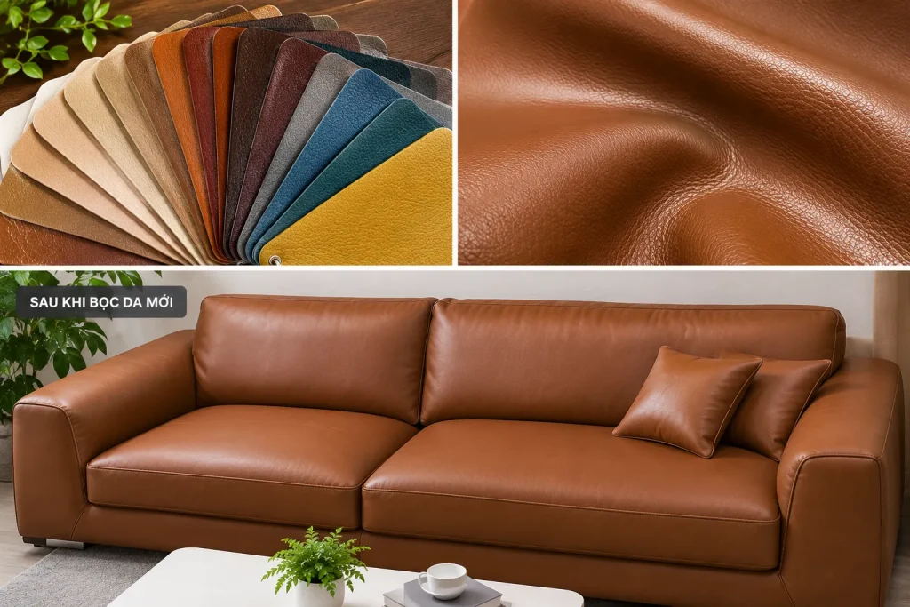 Các mẫu da bọc ghế sofa đa dạng màu sắc, giúp khách hàng lựa chọn chất liệu phù hợp với phong cách và không gian nội thất.