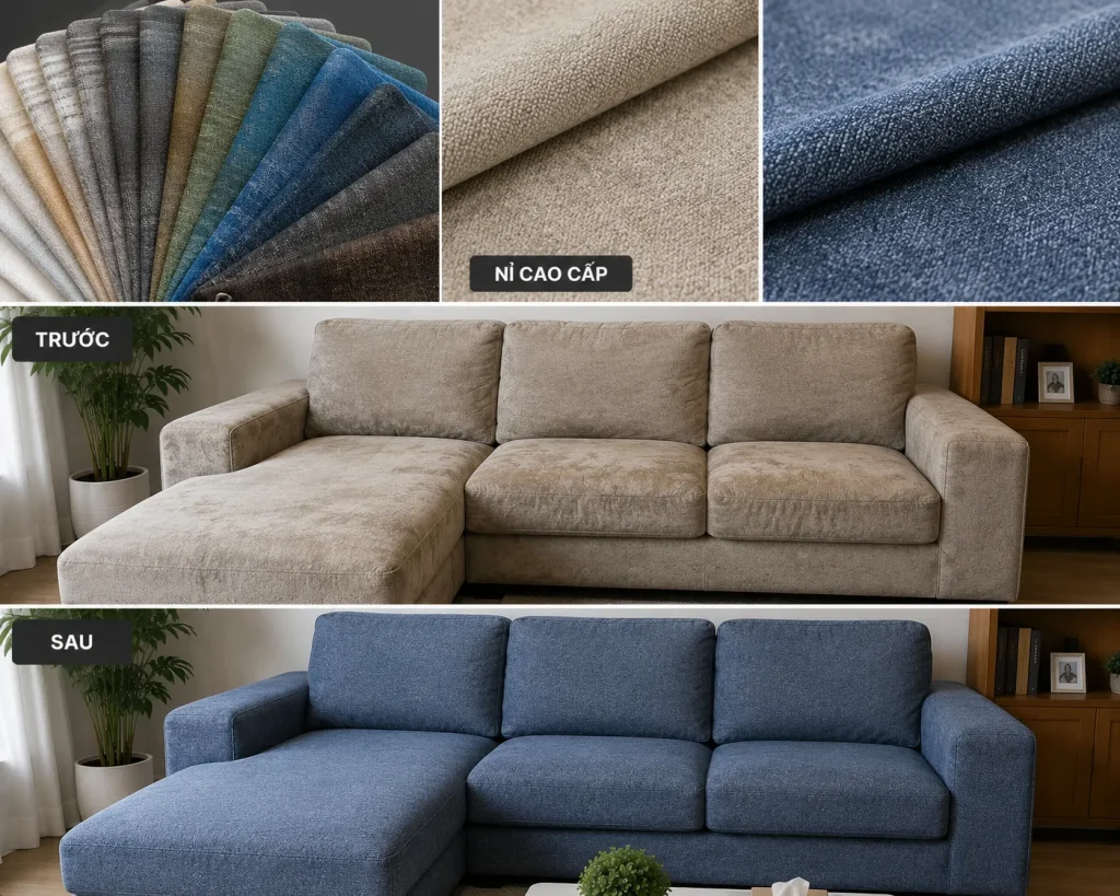 Nỉ bọc ghế sofa tạo cảm giác mềm mại, ấm áp và giúp thay đổi diện mạo phòng khách theo phong cách mong muốn.