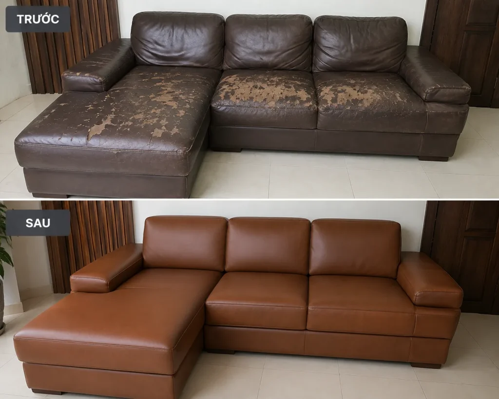 Sofa da bị bong tróc, nứt hoặc xuống màu có thể được bọc lại để làm mới diện mạo và tiếp tục sử dụng.