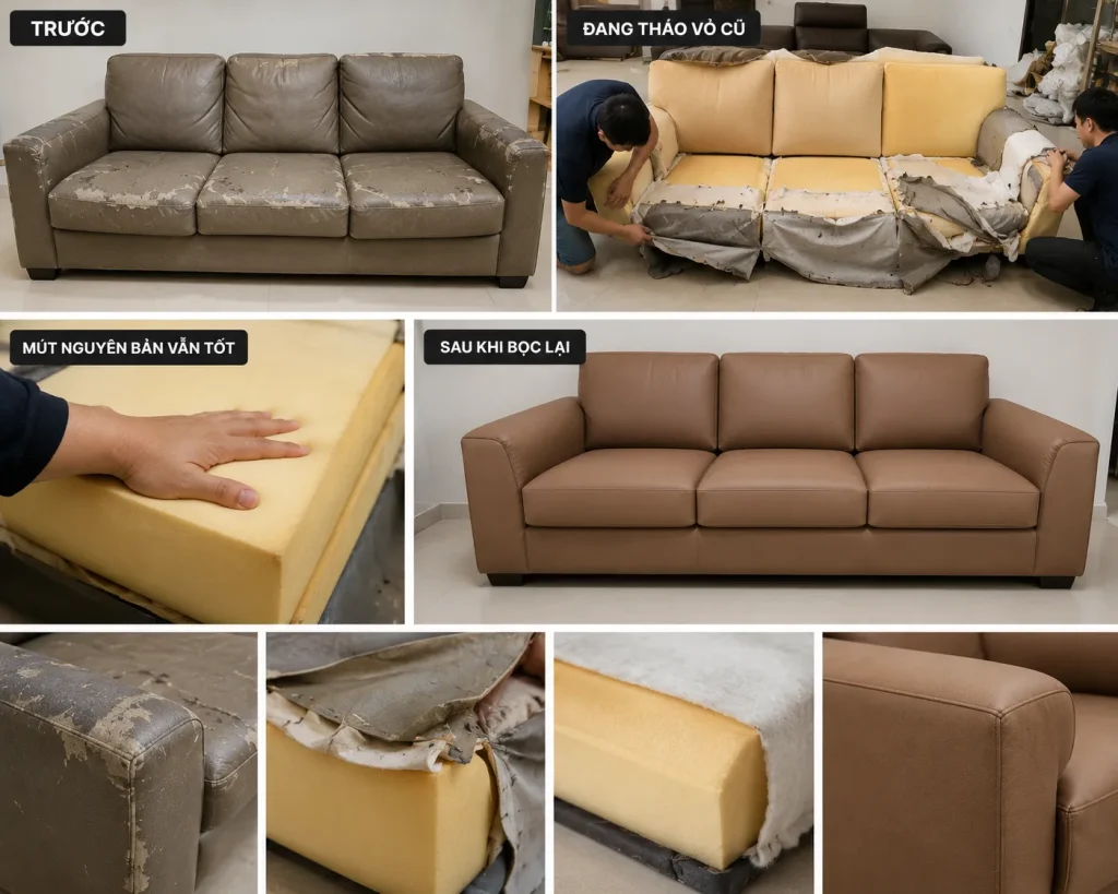 Sofa có phần khung và nệm mút còn tốt chỉ cần thay lớp bọc bên ngoài để làm mới, giúp tối ưu chi phí.