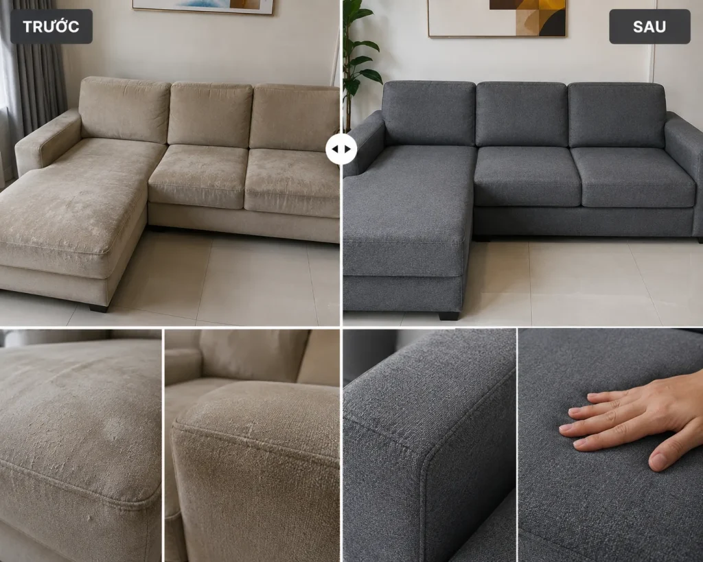 Bọc lại sofa nỉ giúp thay đổi màu sắc, làm mới diện mạo và mang lại cảm giác mềm mại, ấm áp cho không gian phòng khách.