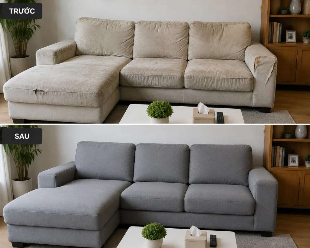 Sofa vải bị sờn, rách hoặc bạc màu có thể được bọc lại với chất liệu và màu sắc mới phù hợp với không gian nội thất.