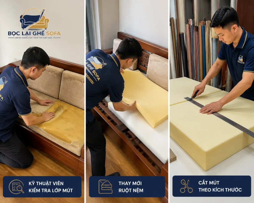 Phần ruột nệm được kiểm tra và xử lý giúp sofa có độ đàn hồi tốt hơn.