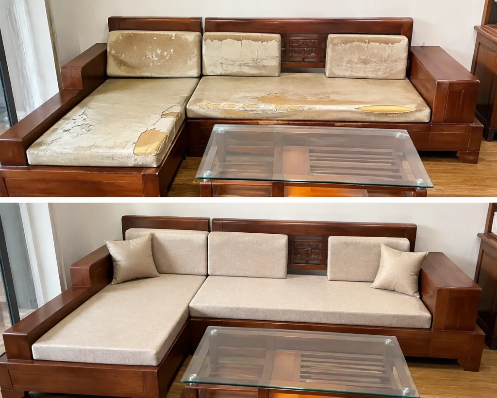 Bọc lại nệm sofa gỗ giúp thay đổi diện mạo bộ ghế mà không cần đầu tư mua mới.