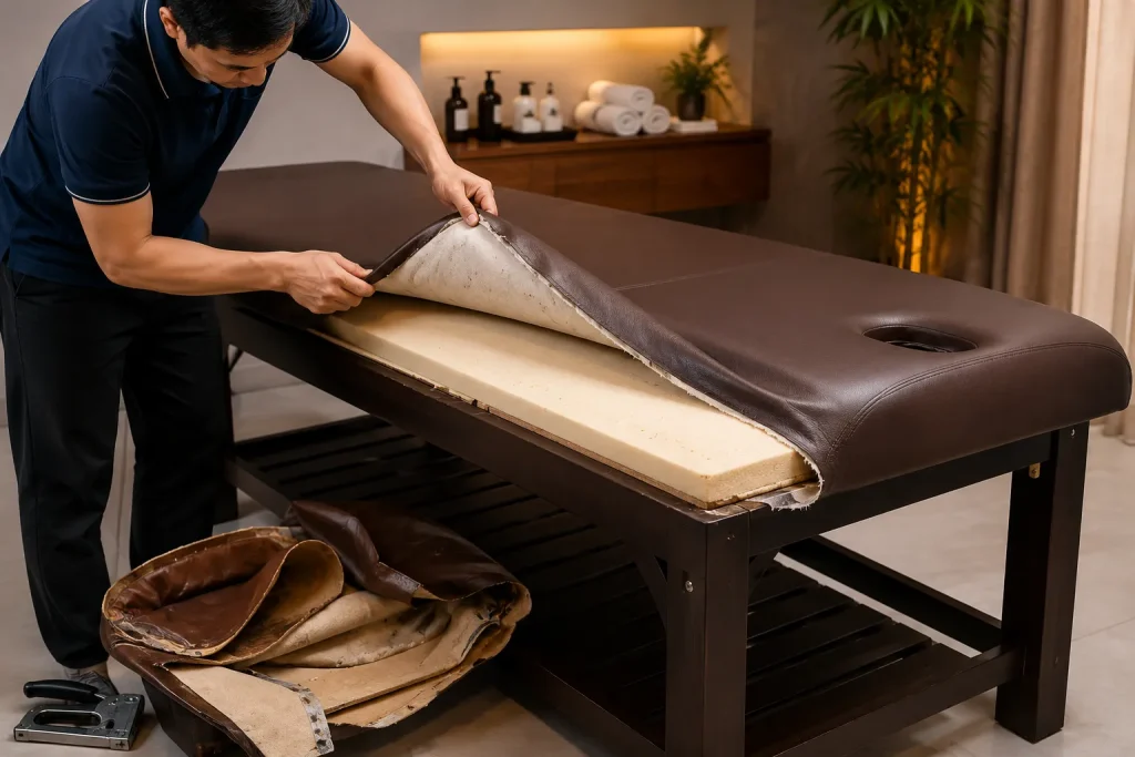 Thợ thực hiện thay da và bọc mới ghế sofa
