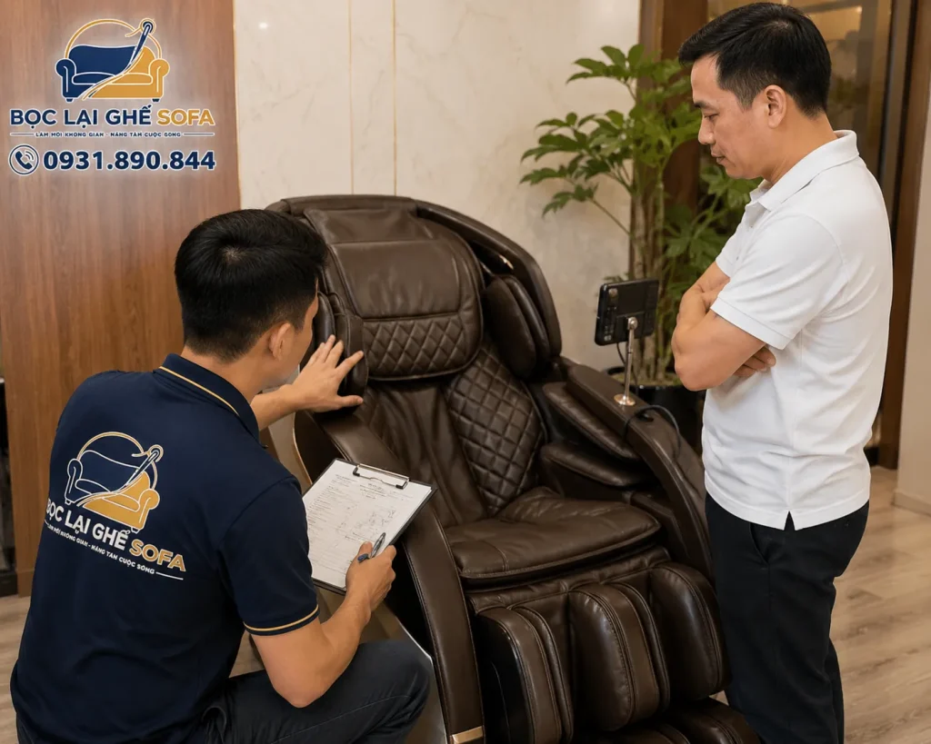 Khảo sát thực tế giúp xác định phạm vi và chi phí thay da ghế massage