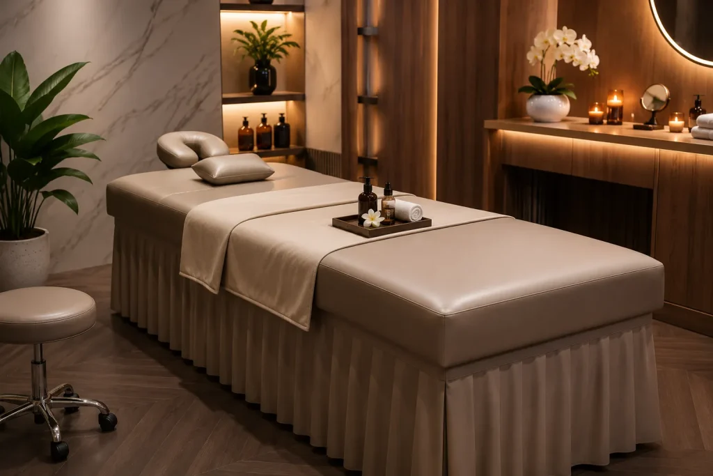 Giường spa sau khi bọc lại nệm với bề mặt đẹp, sạch và đồng bộ