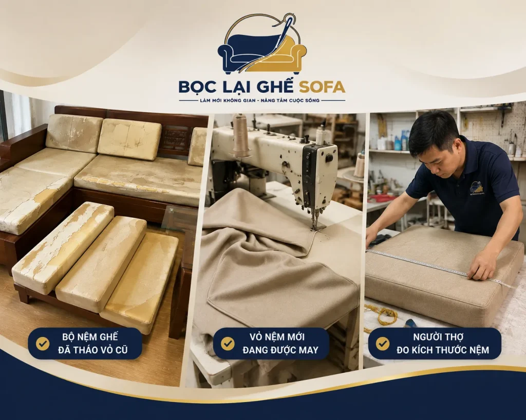 Thợ kỹ thuật đo đạc và may vỏ nệm ghế theo đúng kích thước thực tế của từng bộ ghế.
