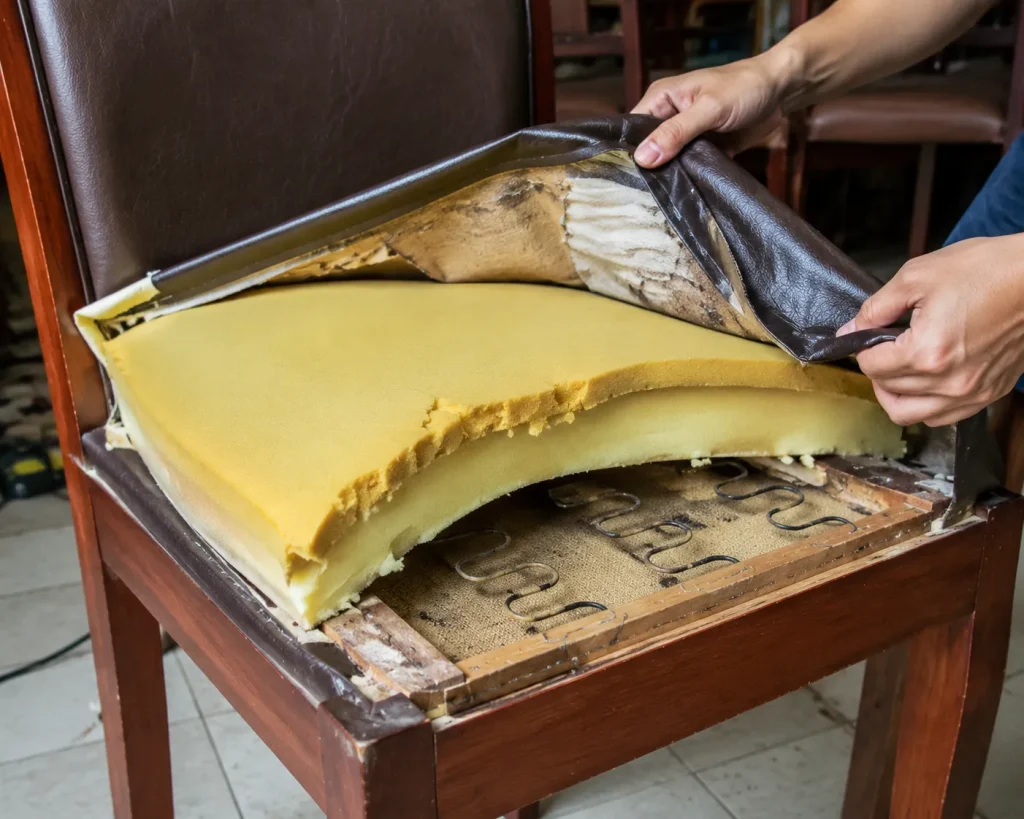 Quy trình bọc lại ghế nhà hàng bao gồm tháo lớp bọc cũ, kiểm tra khung và phục hồi phần nệm bên trong.