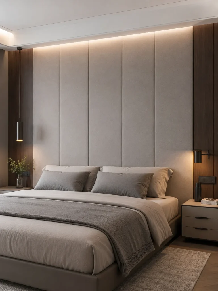 Vách đầu giường bọc nệm phẳng với thiết kế tối giản, hiện đại
