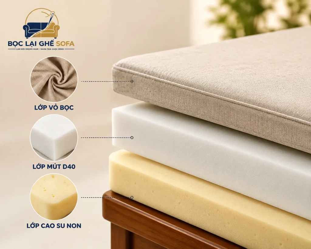 Cấu tạo đệm ghế gỗ gồm lớp vỏ bọc và ruột nệm đàn hồi giúp tăng độ bền khi sử dụng.