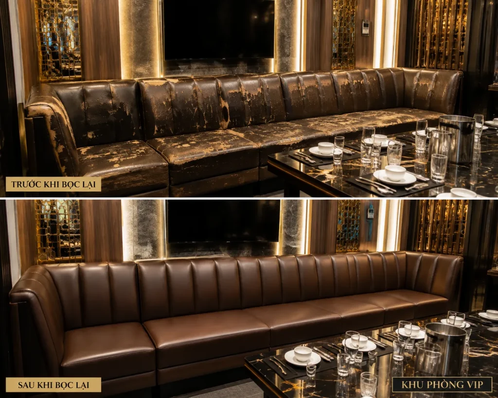 Ghế sofa nhà hàng được phục hồi lớp da mới giúp tăng tính thẩm mỹ và độ bền khi sử dụng.