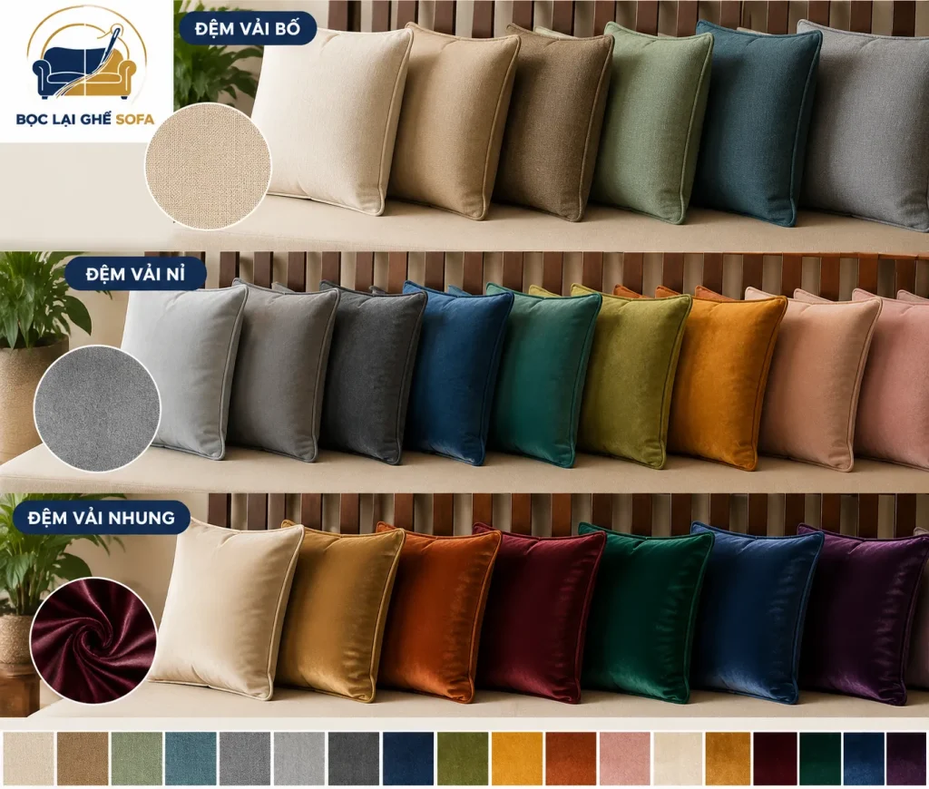 Các mẫu đệm ghế gỗ bọc vải đa dạng màu sắc phù hợp nhiều phong cách nội thất.